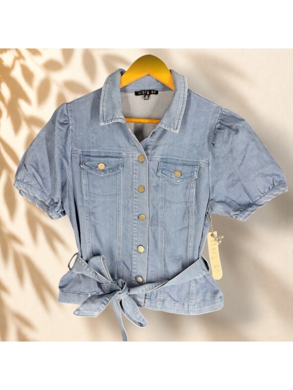 New Story On Jacket Women M Medium Blue Denim Medium Wash Belted Button Collared
